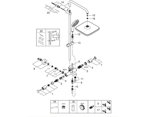 Rozkreslený nákres sprchovej armatúry s rôznymi súčasťami a upevňovacími prvkami