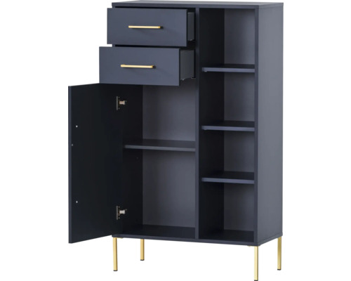 Skrinka s dvomi zásuvkami, jednými dvierkami a policami