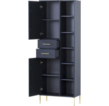 Vysoká skriňa s otvorenými dverami, zásuvkami a policami