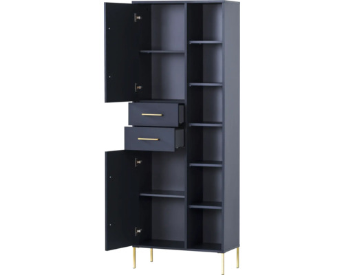 Vysoká skriňa s otvorenými dverami, zásuvkami a policami