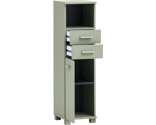 Kúpeľňová skrinka s dvomi zásuvkami, otvorenou priehradkou a dvierkami