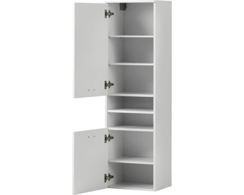 Biela vysoká skriňa s otvorenými dverami a policami