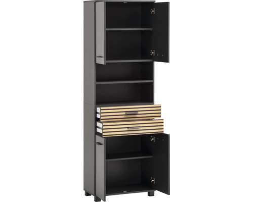 Vysoká skriňa s otvorenými policami a zásuvkami