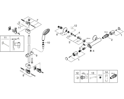 Rozkreslený nákres sprchovej armatúry s príslušnými jednotlivými dielmi.
