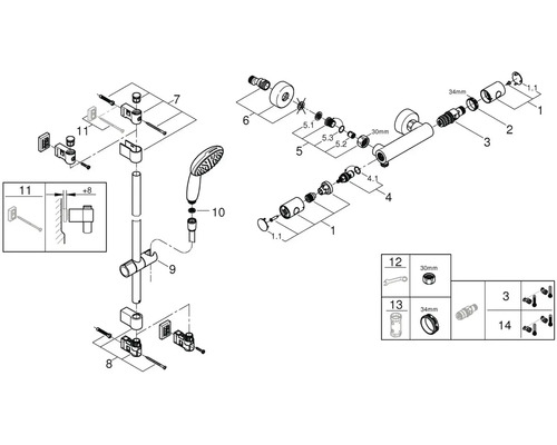 Rozkreslený nákres sprchovej armatúry s tyčou, ručnou sprchou a montážnym návodom