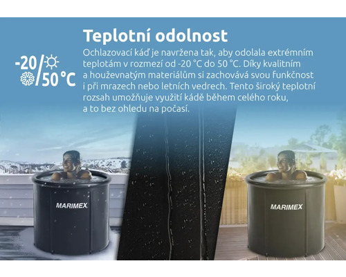 Produktová fotografia s teplotnými údajmi a osobou v kúpacej kadi od spoločnosti Marimex.