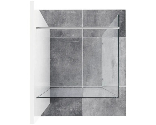 Rohová sprchová kabína zo skla s kovovými prvkami pred obloženou stenou