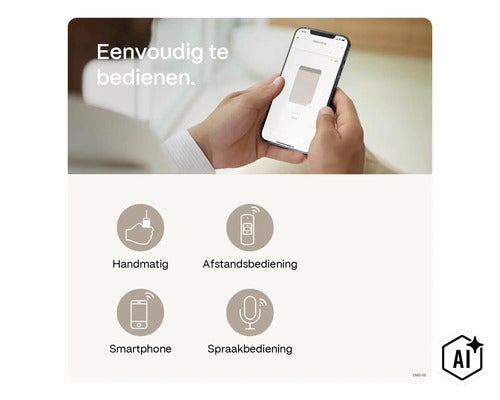 Osoba ovládajúca roletu cez aplikáciu v telefóne a prehľad možností ovládania manuálne, diaľkovým ovládačom, smartfónom a hlasom. (Image AI modified or generated)