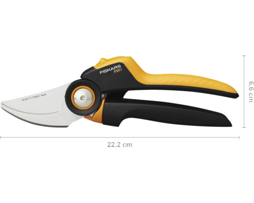 Záhradné nožnice Fiskars P961 s dĺžkou 22,2 cm a šírkou 6,6 cm.