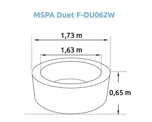 Obrázok rozmerov MSPA Duet F-DU062W s priemerom 1,73 metra, vnútorným priemerom 1,63 metra a výškou 0,65 metra.