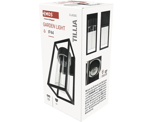 Balenie čierneho záhradného svietidla EMOS s krytím IP44 a päticou E27.