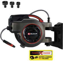 Automatický navijak na hadicu Einhell s tromi kohútikovými prípojkami a upozornením Power X-Change. Batéria a nabíjačka nie sú súčasťou dodávky.