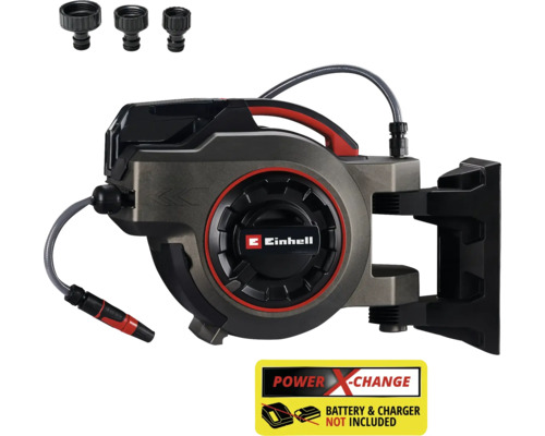 Automatický navijak na hadicu Einhell s tromi kohútikovými prípojkami a upozornením Power X-Change. Batéria a nabíjačka nie sú súčasťou dodávky.