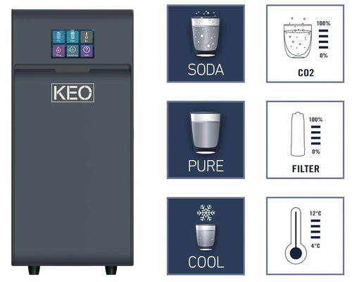 Výdajník vody s funkciami sódy, čistenia a chladenia a indikátormi pre CO2, filter a teplotu