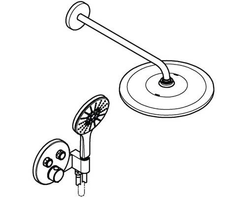 Ilustrácia sprchového setu s hlavovou sprchou, ručnou sprchou a termostatickou batériou