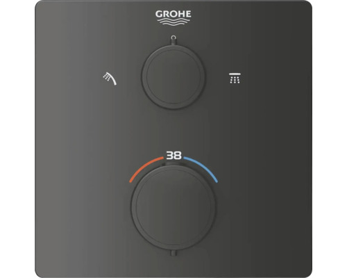 Logo Grohe, sprchový termostat s dvomi okrúhlymi ovládačmi a obmedzením teploty na 38 stupňov