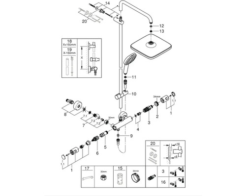 Rozkreslený nákres sprchovej batérie s ručnou a hlavovou sprchou