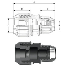 Technický nákres potrubného spoja s rozmermi.