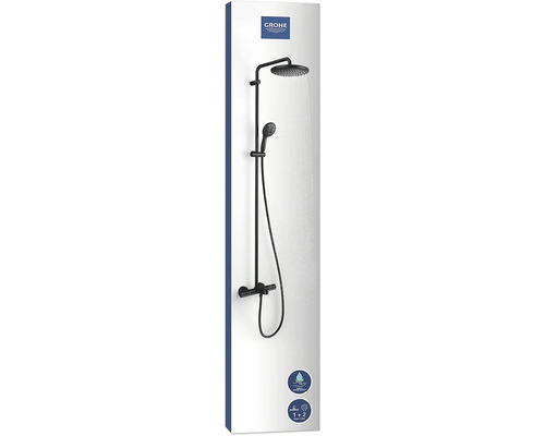 Logo Grohe. Sprchová tyčová súprava s hornou a ručnou sprchou do sprchy a vane.