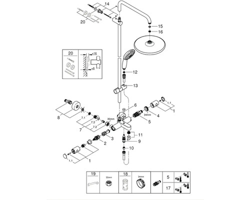 Rozkreslený nákres sprchovej armatúry s jednotlivými dielmi