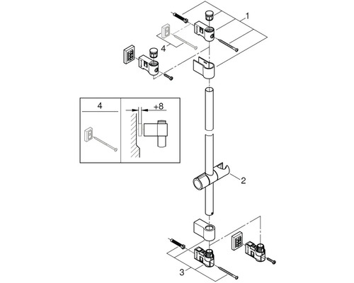 Rozkreslený nákres sprchovej tyče s držiakmi a upevňovacím materiálom