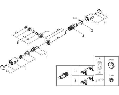 Rozkreslený nákres sanitárnej armatúry s rôznymi komponentmi a montážnymi dielmi
