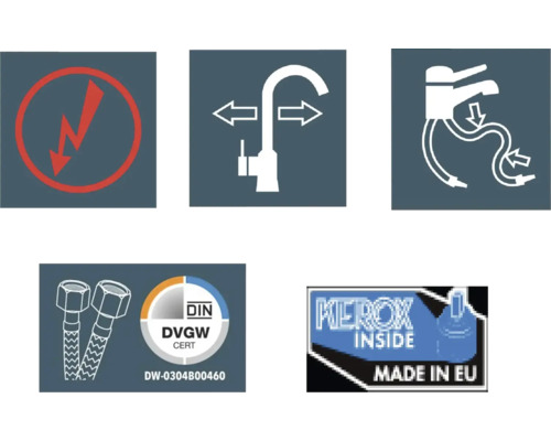Symboly a pečate kvality pre vodovodnú batériu: Varovanie pred úrazom elektrickým prúdom, flexibilita, spôsob pripojenia, certifikát DIN DVGW, Kerox Inside Made in EU