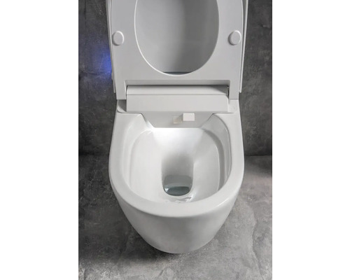 Biela hlboká splachovacia toaleta na montáž na stenu s otvoreným splachovacím okrajom a WC sedadlom