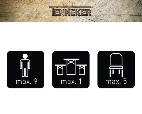 Logo spoločnosti Tenneker. Maximálny počet osôb: deväť. Maximálny počet stolov: jeden. Maximálny počet stoličiek: päť.