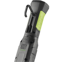 Detailný pohľad na pracovné svietidlo s hákom na upevnenie a USB portom