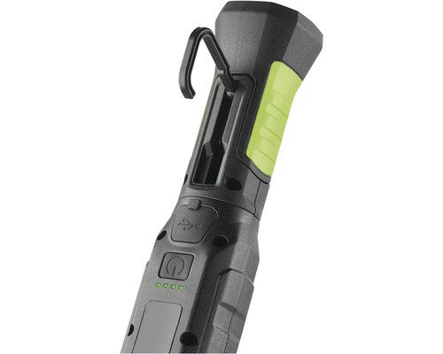 Detailný pohľad na pracovné svietidlo s hákom na upevnenie a USB portom