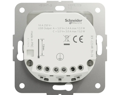 Logo spoločnosti Schneider Electric. Elektroinštalačné zariadenie s technickými informáciami a prípojkami.