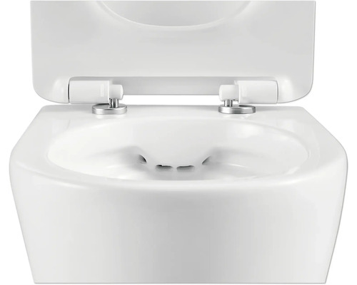 Závesný hlboký splachovací klozet s otvoreným splachovacím okrajom a WC sedadlom