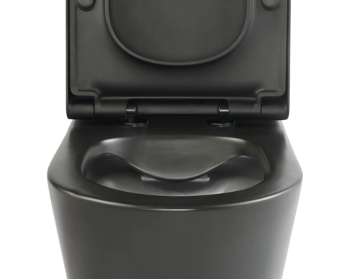 Čierna závesná toaleta s otvoreným vekom