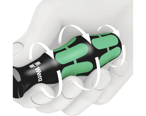 Logo Wera na rukoväti skrutkovača v ruke s otočnými šípkami