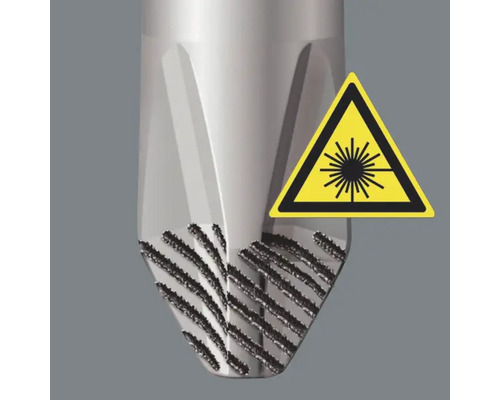 Detail kovového nástroja so symbolom laserovej bezpečnosti