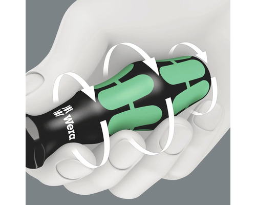 Ilustrácia skrutkovača Wera v ruke, ktorá demonštruje ergonomickú rukoväť.