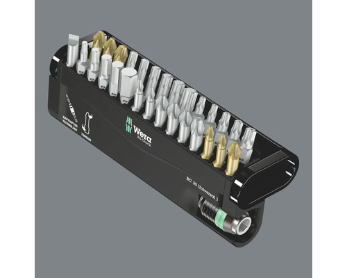 Sada bitov Wera s rôznymi skrutkovacími bitmi a držiakom bitov