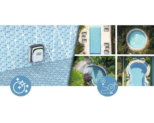 Robotický čistič bazénov v akcii s rôznymi pohľadmi na bazén