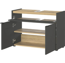 Skrinka pod umývadlo s otvorenými dvierkami a policami