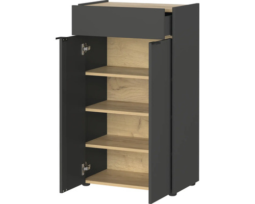 Skriňa so zásuvkou, dvierkami a policami