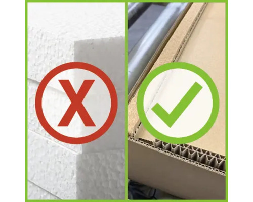 Nesprávny a správny spôsob balenia: polystyrén s červeným krížom, kartónové balenie so zelenou fajkou.