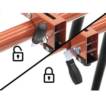 Kozová píla so zamykacím mechanizmom v otvorenom a zatvorenom stave