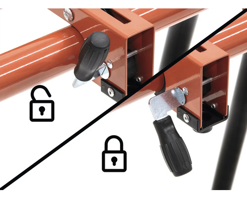 Kozová píla so zamykacím mechanizmom v otvorenom a zatvorenom stave