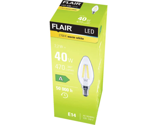 Balenie LED žiarovky Flair C35/E14 s 2700 kelvinov teplá biela