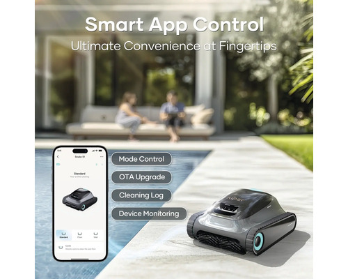 Robotický čistič bazénov Aiper Scuba S1 s ovládaním pomocou aplikácie vedľa smartfónu na okraji bazéna