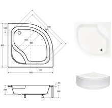 Technický nákres sprchovej vaničky s rozmermi 900 x 900 mm