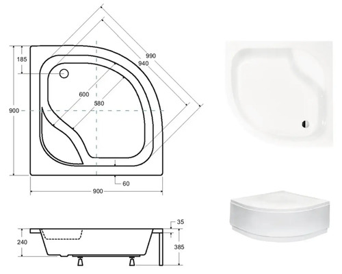 Technický nákres sprchovej vaničky s rozmermi 900 x 900 mm
