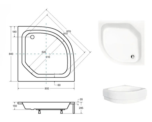 Technický nákres a zobrazenie produktu štvrťkruhového sprchovacieho kúta s rozmermi.