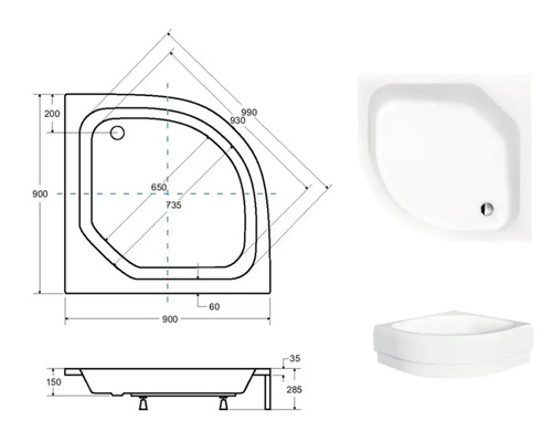 Rohová sprchová vanička s rozmermi v technickom výkrese a vyobrazenie produktu